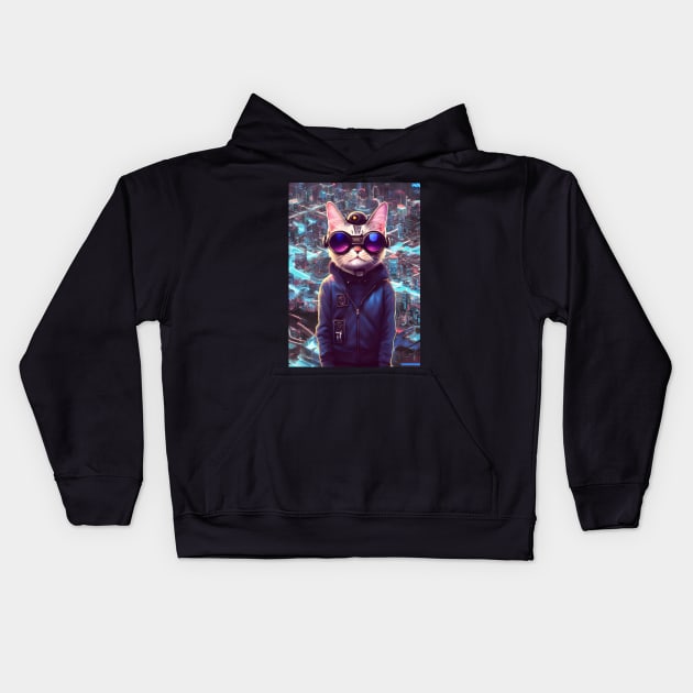Cool Japanese Techno Cat In Future World Japan Neon City Kids Hoodie by star trek fanart and more